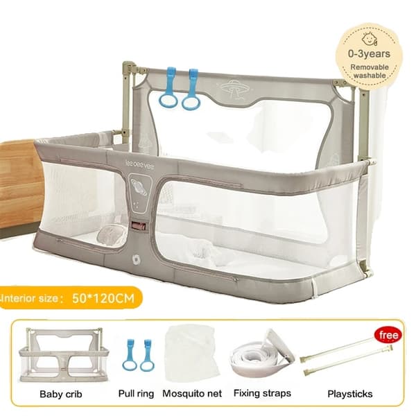 Transportabel Baby Seng, Hævebar Bumpers, 3 i 1 Seng Gelænder, Beige med net