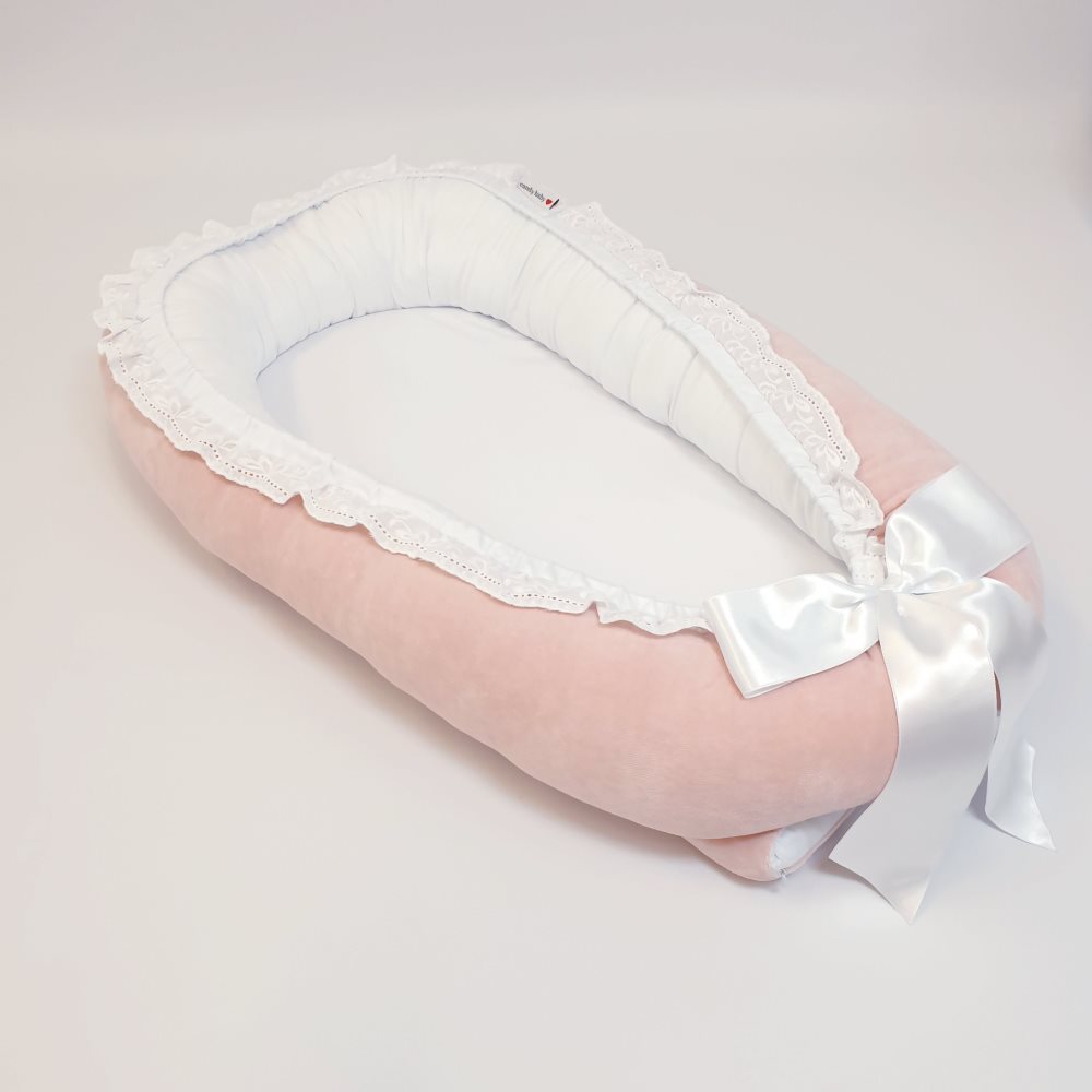 Babynest i sammet med spets, puderrosa
