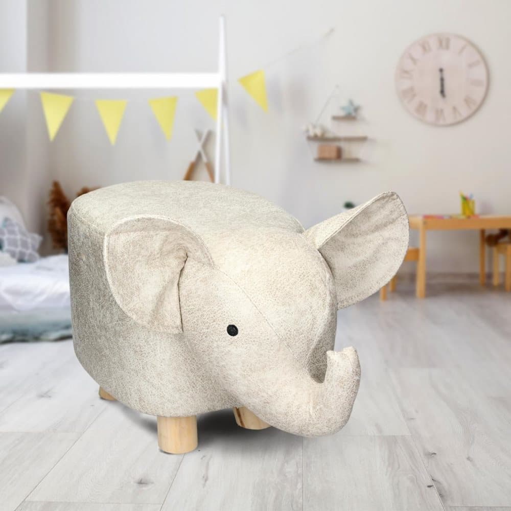 ECD Germany -eläinjakkara lapsille 52x25x28 cm elefantti nahkajäljitelmä beige, massiivipuiset jalat - lasten jakkara verhoiltu penkki, jossa on
