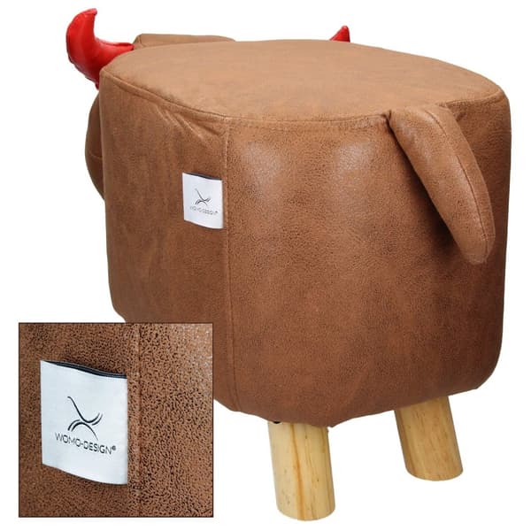 WOMO-DESIGN dyr skammel for børn kalv, 68 x 30 x 37 cm, kunstlæder, brun-rød, massivt træ ben, skamler dyr design sæde stol skammel fodstøtte