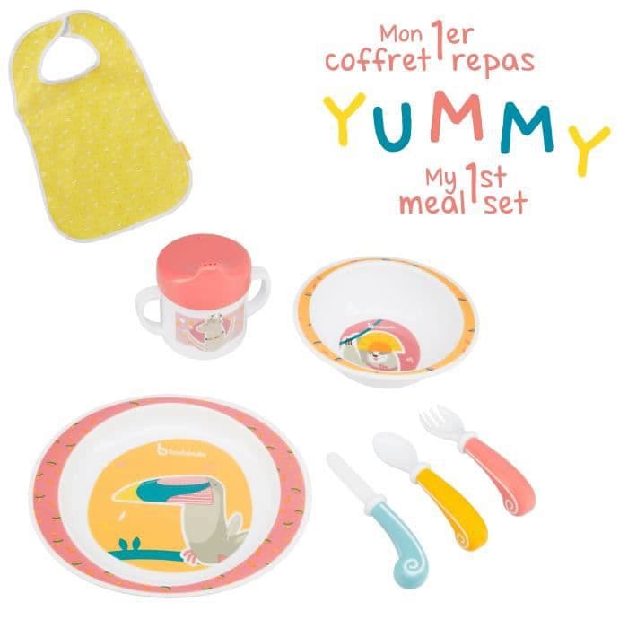 BADABULLE Yummy Coral -ateriasetti - 7-osainen astiasarja ja vauvan ruokalappu mukana