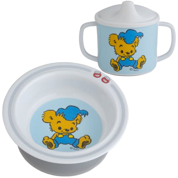 Pipmugg och Sugkoppstallrik Vit/Blå Bamse