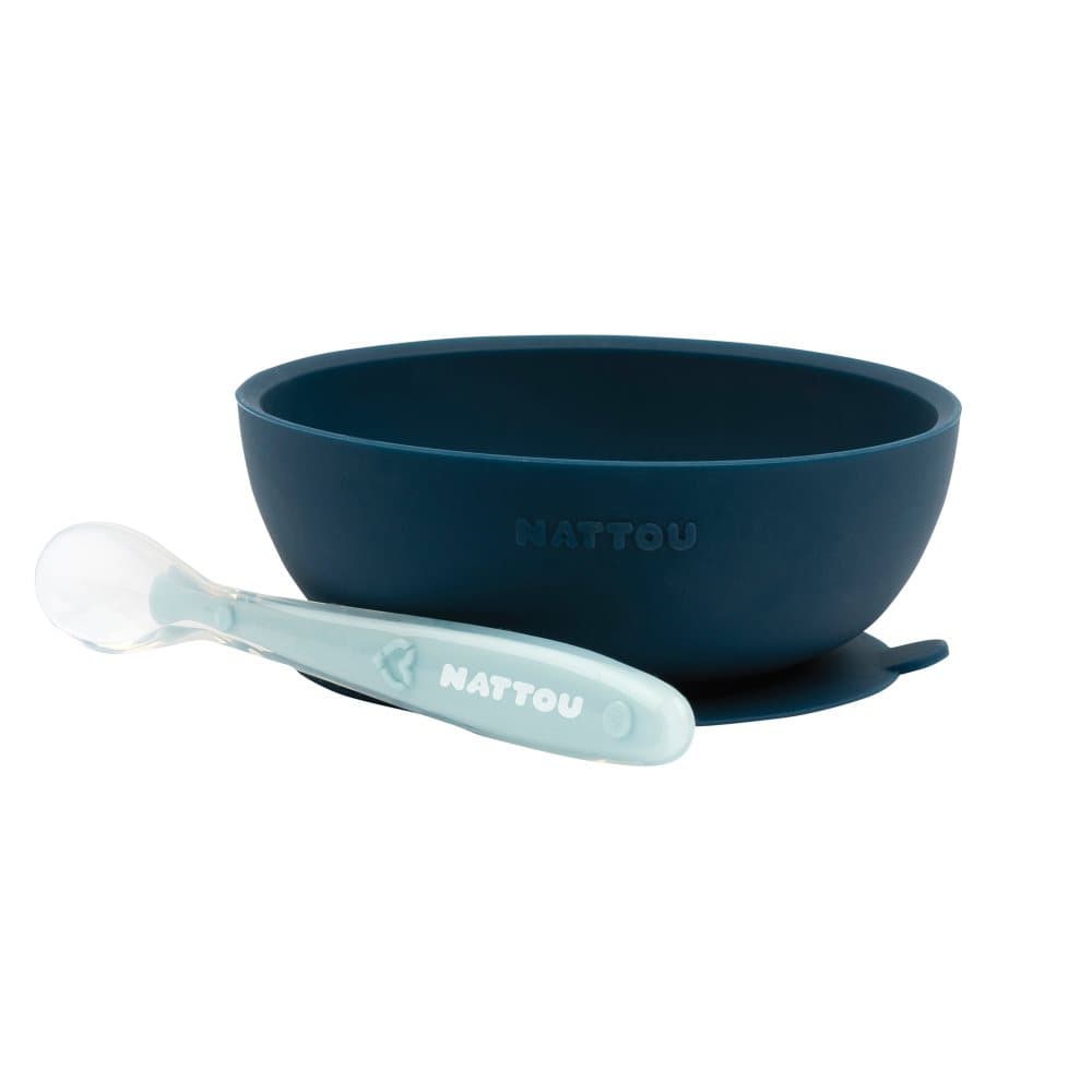 Nattou Soft Silicone Skål & Sked, Marin/Ljusblå