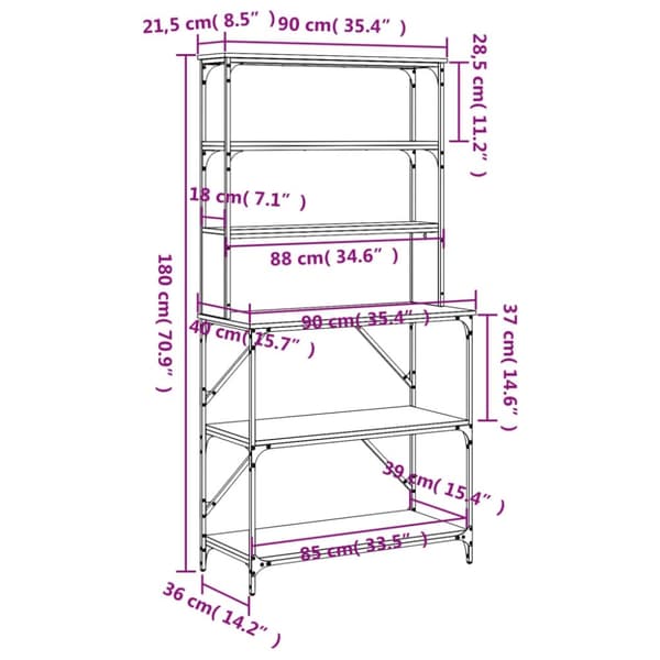 vidaXL køkkenreol 6 hylder 90x40x180 cm konstrueret træ brunt egetræ
