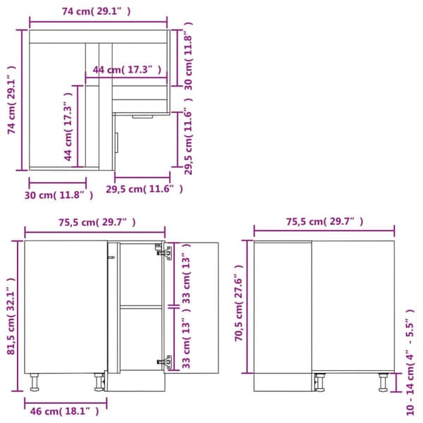 vidaXL hjørneunderskab 75,5x75,5x81,5 cm konstrueret træ hvid højglans