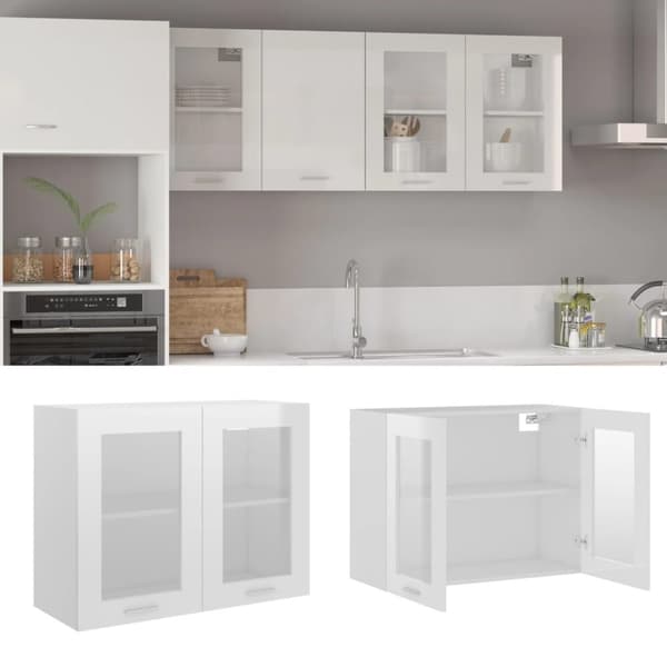 vidaXL vægskab med glaslåger 80x31x60 cm konstrueret træ hvid højglans
