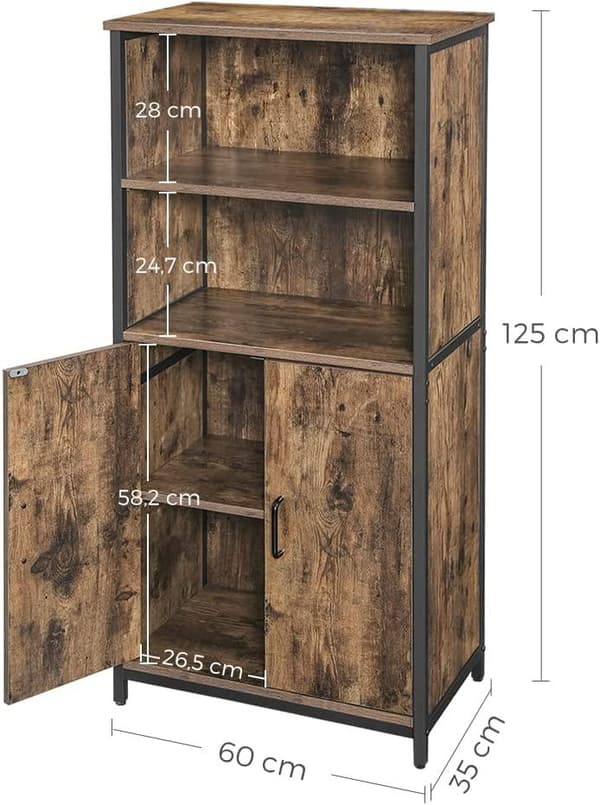 Rootz Kirjahylly - Keittiön kaappi 2 avolokerolla - Kaappi - Säädettävä hylly - Vintage ruskea-musta (60 x 35 x 125 cm)