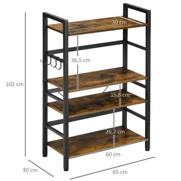 Rootz Køkkenhylde - Industrielt design - 4 hylder - 4 kroge - Ståhylde - Hylde - Brun + Sort - 65cm x 30cm x 102cm