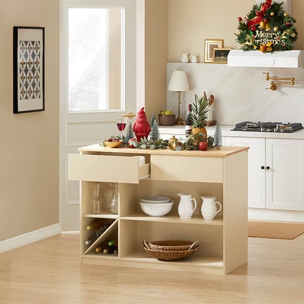 Rootz Modern Kitchen Island - Senkki - Buffetkaappi - MDF ja kumipuu - Tilava säilytystila, 5 lokeroa ja 2 laatikkoa - Viinipullon säilytystila - 120c