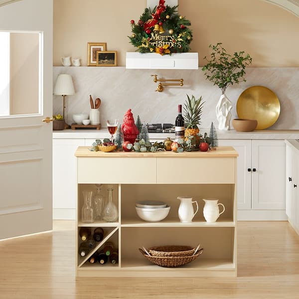 Rootz Modern Kitchen Island - Senkki - Buffetkaappi - MDF ja kumipuu - Tilava säilytystila, 5 lokeroa ja 2 laatikkoa - Viinipullon säilytystila - 120c