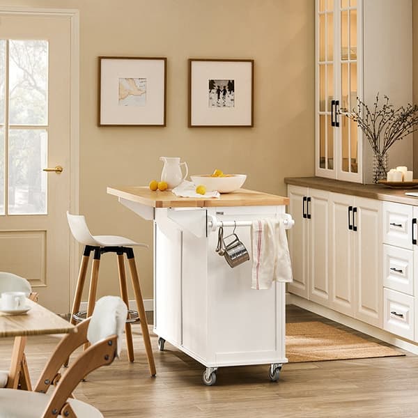 Rootz Kitchen Island -kärry - Laajenettava työtaso - Keittiövaunu - Säilytyskaappi - Säädettävät hyllyt - Pyyhehylly - Siirrettävä 5 pyörällä - Valkoi
