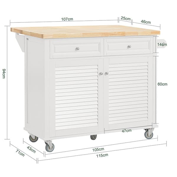 Rootz Kitchen Island -kärry - Laajenettava työtaso - Keittiövaunu - Säilytyskaappi - Säädettävät hyllyt - Pyyhehylly - Siirrettävä 5 pyörällä - Valkoi