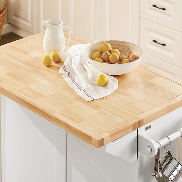 Rootz Kitchen Island -kärry - Laajenettava työtaso - Keittiövaunu - Säilytyskaappi - Säädettävät hyllyt - Pyyhehylly - Siirrettävä 5 pyörällä - Valkoi
