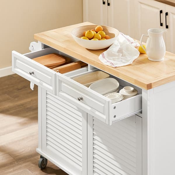 Rootz Kitchen Island -kärry - Laajenettava työtaso - Keittiövaunu - Säilytyskaappi - Säädettävät hyllyt - Pyyhehylly - Siirrettävä 5 pyörällä - Valkoi