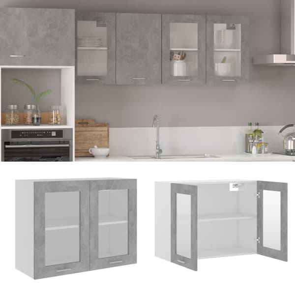 The Living Store Seinäkaappi lasilla betoninharmaa 80x31x60 cm tekninen puu -  Keittiökaapit
