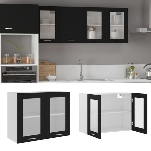 The Living Store væghængt glasskab 80x31x60 cm konstrueret træ sort -  Køkkenskabe