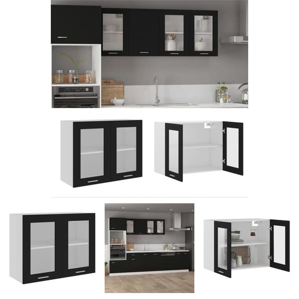 The Living Store væghængt glasskab 80x31x60 cm konstrueret træ sort -  Køkkenskabe