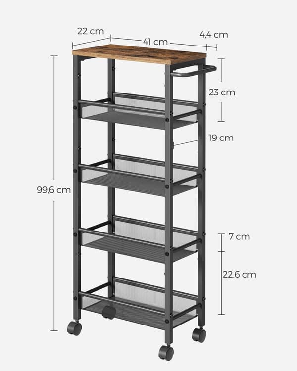 Rootz Vintage Brown-Black Trolley Cart - Rullvagn - Utility Cart - Spånskiva och stålkonstruktion - Lätt och hållbar - 22cm x 45,4cm x 99,6cm