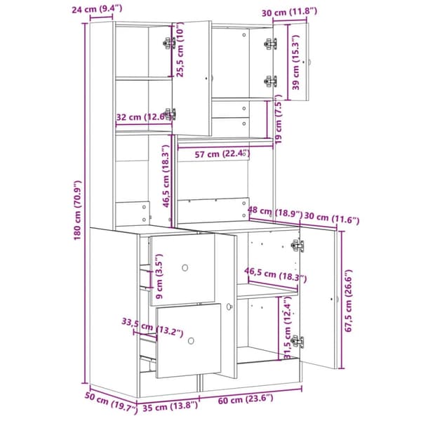 vidaXL køkkenskab 95x50x180 cm konstrueret træ grå sonoma-eg