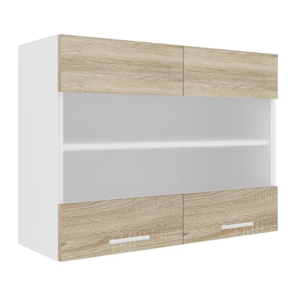 Esilo kjøkken overskap 80 cm 2 glassdører hvit, eik dekor.