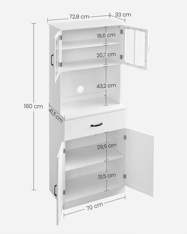 Rootz Modern keittiökaappi - Valkoinen kaappi - Säädettävät hyllyt - MDF lastulevy - 41,5 cm x 73 cm x 179,8 cm - Suuri säilytystila - 42,5 kg