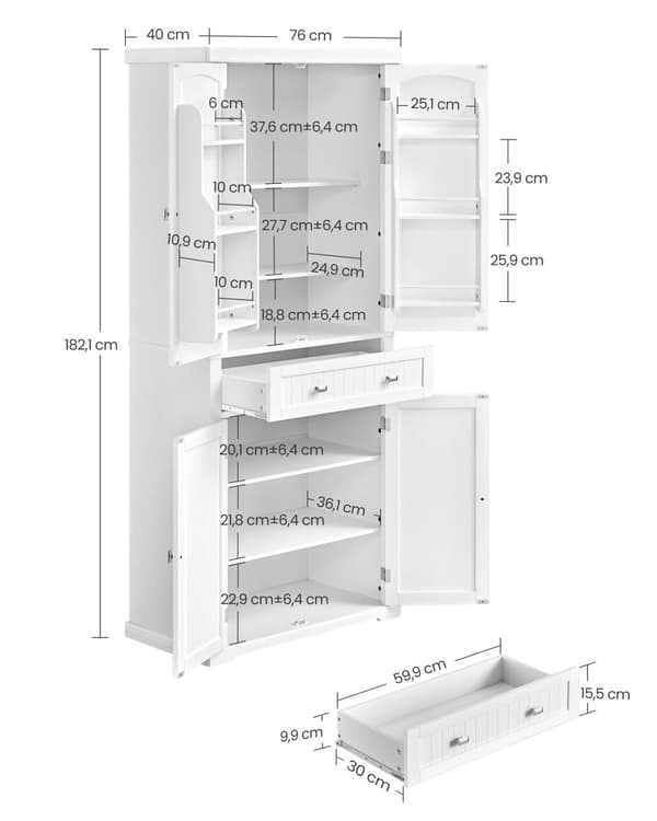 Rootz White Köksskåp - Skafferiskåp - Hyllor & lådor - MDF - 40cm x 76cm x 182,1cm - Maximal belastning 27kg - Montering krävs