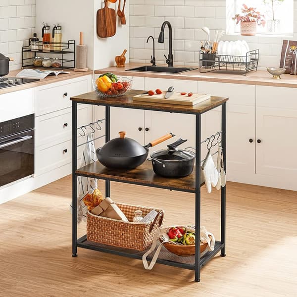 Keittiön hylly - seisova teline - ruoanlaittosaari - 3 lankkua - 6 haken - vintage ruskea/musta