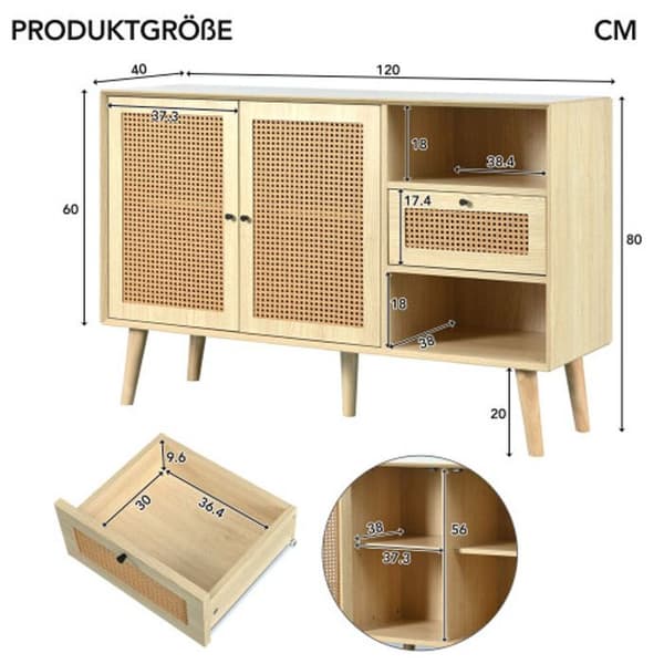 Buffé, kommod med 1 låda och 2 magnetiska dörrar, rottingtyg på dörrpanelerna