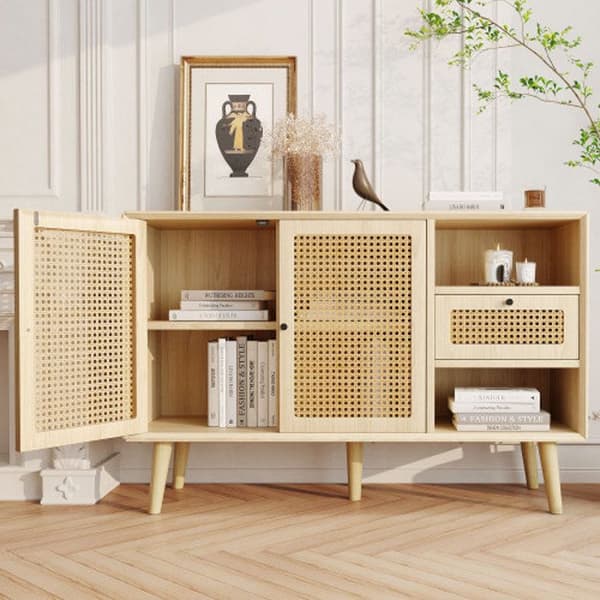 Buffé, kommod med 1 låda och 2 magnetiska dörrar, rottingtyg på dörrpanelerna