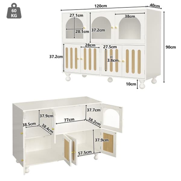 Modernt vitt matsalsbuffé med regnbågsdesign, långa glasdörrar, dörrar i pianoklarform.