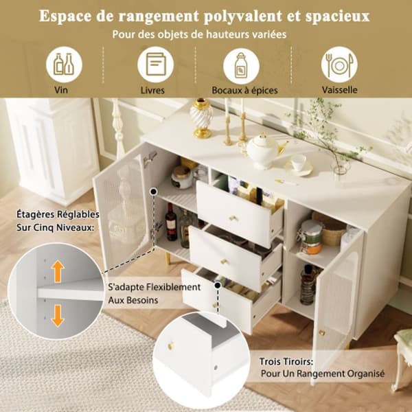 Buffé, dörr i PE-rattan, förvaringsmöbel med lådor, fristående möbel, kök, hem, vit
