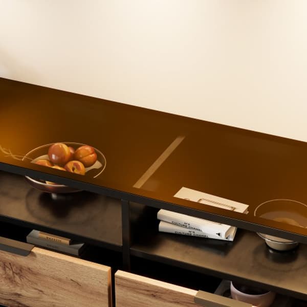 Skänk i bärnstensfärgat glas, skåp med 6 lådor och 2 fack, anti-tilt, 120 x 40 x 80 cm, ekfärg