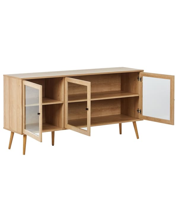 3-dørs kommode lyst træ spånplade fyrretræsben 2 hylder glasfront minimalistisk stil