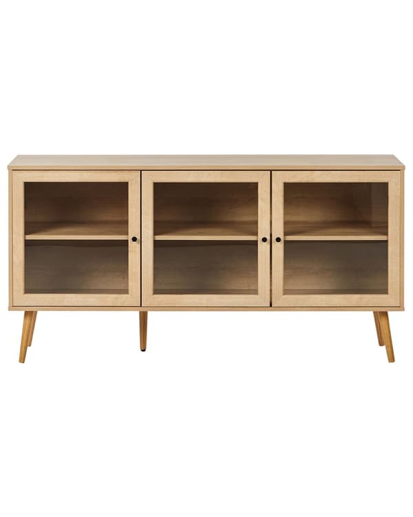 3-dørs kommode lyst træ spånplade fyrretræsben 2 hylder glasfront minimalistisk stil