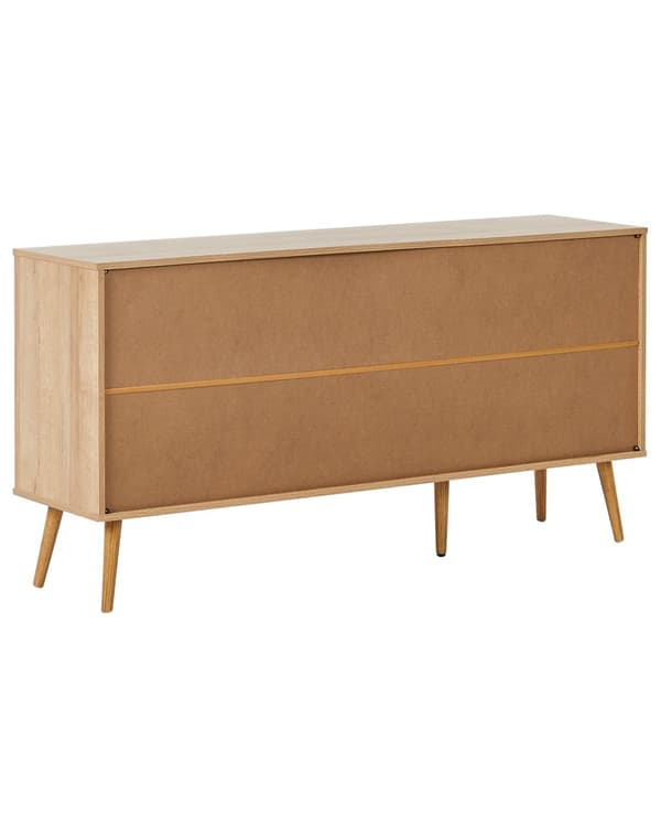 3-dørs kommode lyst træ spånplade fyrretræsben 2 hylder glasfront minimalistisk stil