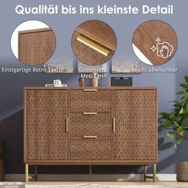 Skåp, buffé, skåp med 3 lådor och 2 dörrar, justerbara fack, vält-säker, 120 x 40 x 75 cm, valnöt