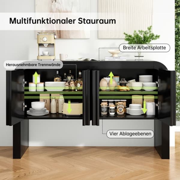 Buffé med rundade hörn, lätt och modern elegans, med magnetiska dörrar som förhindrar att den välter, svart