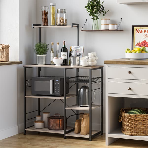 Køkkenhylde, fritstående hylde med metalkurv, bagerhylde, 90x40x132 cm, gråbrun-sort.
