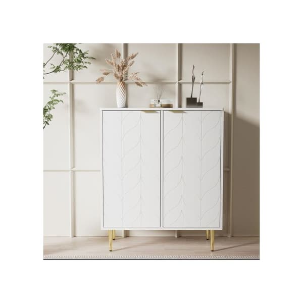 Buffé 2 dörrar, blommönster, bränd lack, krocksäker hörndesign, 3 hyllor, 6 fack, 75L*40P*90H, vit