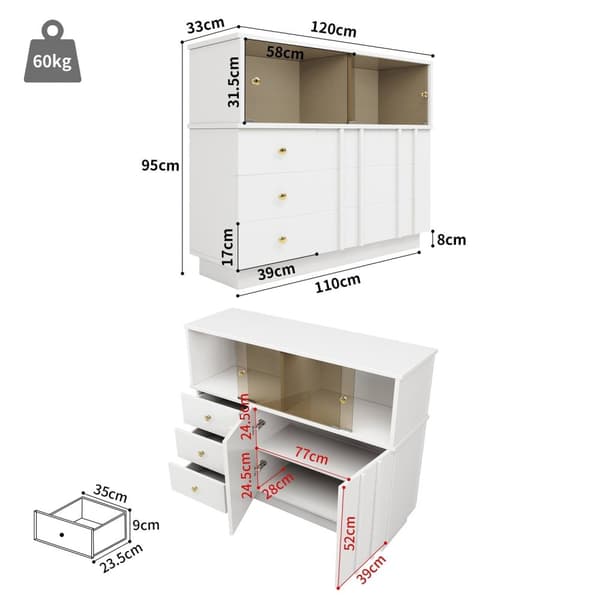 Rootz Kitchen Cabinet Sideboard - förvaringsskåp - Glasdörrskåp - rymlig design - 120 cm x 33 cm x 95 cm