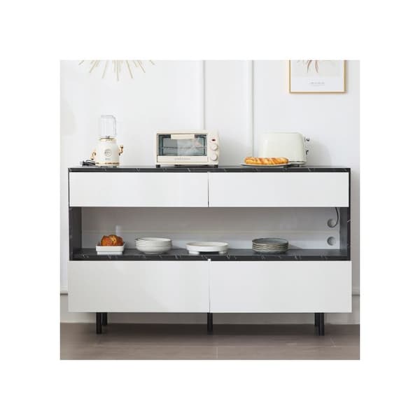 150 x 35 x 89,5 cm Buffé i svart marmor med öppen förvaring, 4 lådor och LED-belysning