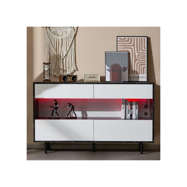 150 x 35 x 89,5 cm Buffé i svart marmor med öppen förvaring, 4 lådor och LED-belysning