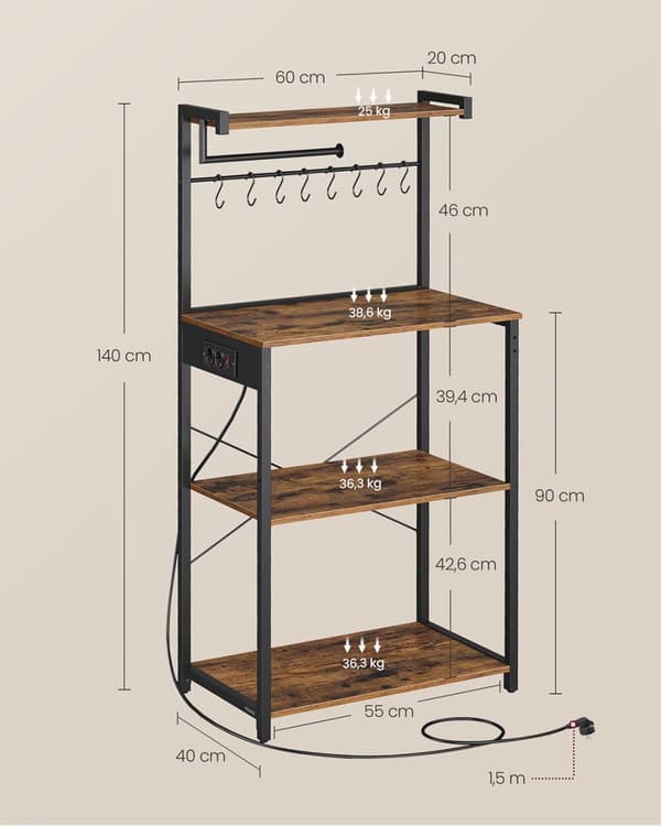 KitchenPlank - 4 nivåer - med uttag - vintage brun - bläck -svart