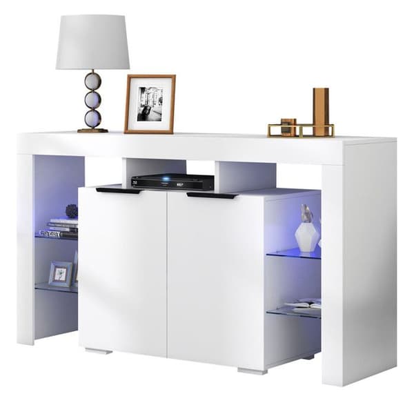 Buffé LED glänsande, köksskåp, serveringsbord med LED-belysning, glänsande buffé med 4 hyllor i glas och 2 dörrar.
