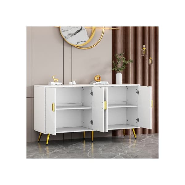 Elegant vitrin i vitt och guld, 140*40*75 cm, med justerbara hyllor, design med diagonala ränder.
