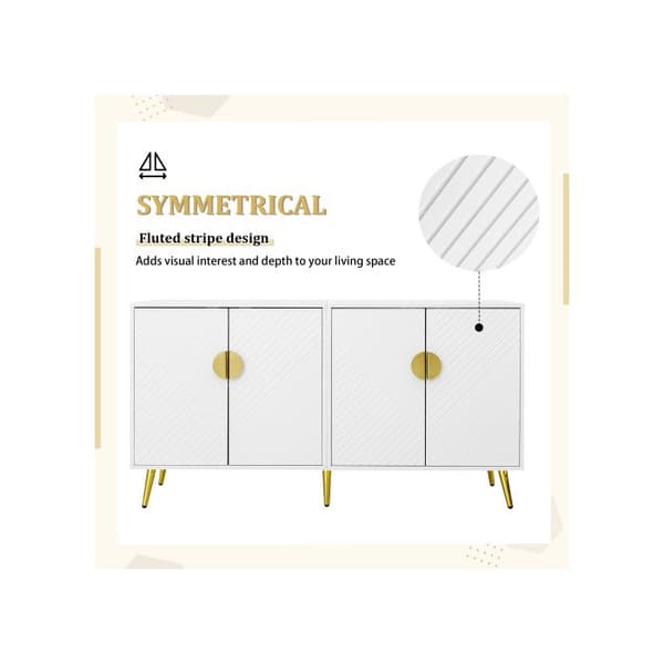 Elegant vitrin i vitt och guld, 140*40*75 cm, med justerbara hyllor, design med diagonala ränder.