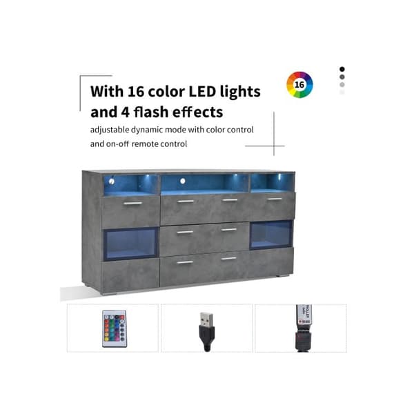 Moderna buffé, 140 cm, grå, med LED-belysning och transparenta akrylskåp, 2 dörrar, 3 lådor