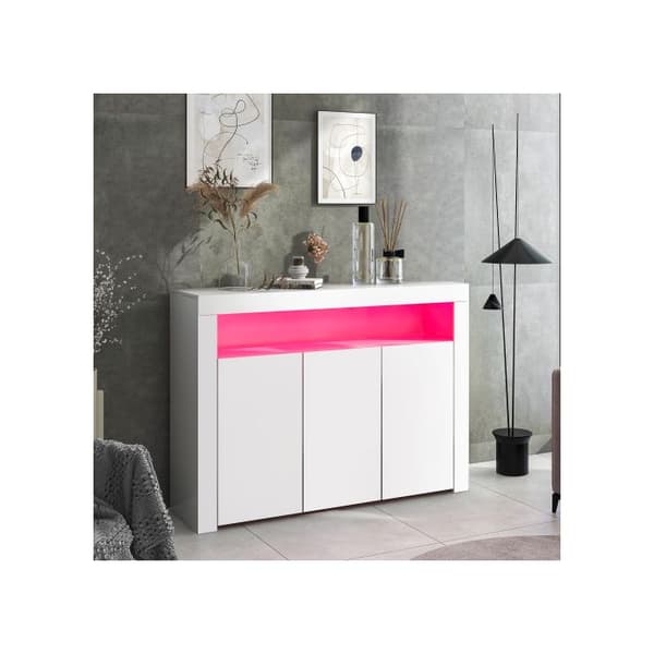Vit vit bord vit vit med LED-belysning, modern förvaringsmöbel i trä med tre dörrar och fjärrkontroll.