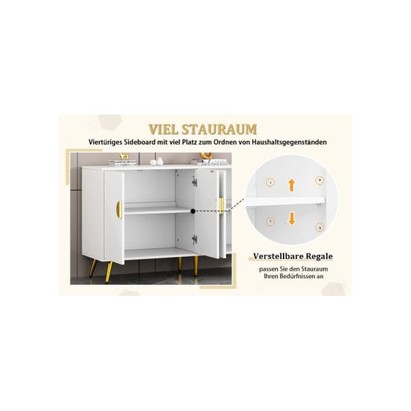 Elegant vitrin i vitt och guld, 140*40*75 cm, med justerbara hyllor, design med diagonala ränder.