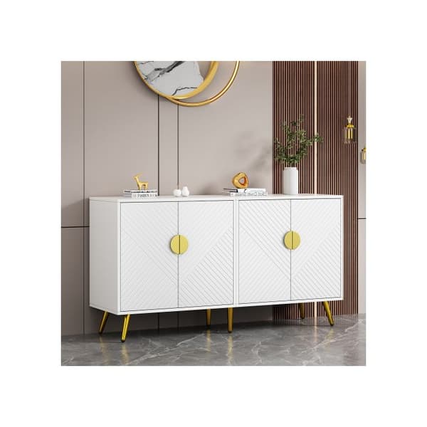 Elegant vitrin i vitt och guld, 140*40*75 cm, med justerbara hyllor, design med diagonala ränder.